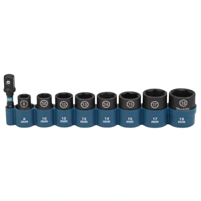 Immagine di Makita E 16639 Set di 9 dadi a percussione da 3/8&quot;, SW8 SW18, con adattatore 50 mm, esagonali 1/4&quot; su quadrato cromo molibdeno, 28 mm