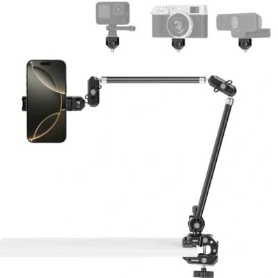 Immagine di NEEWER 75cm Magic Arm Articolato+Super Clamp, Supporto Fotocamera da Tavolo Overhead con Filetto 1/4&quot; 3/8&quot; per ARRI, Cold Shoe e Portatelefono Compatibile iPhone DSLR Action Cam Luce Video, UA056