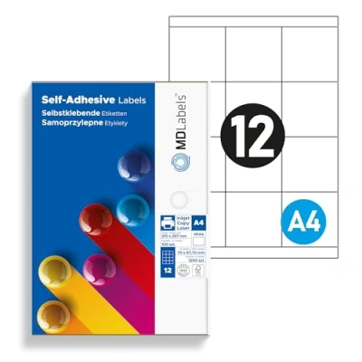 Immagine di MDlabels Etichette adesive universali, DIN A4, stampabili, bianche (70 x 67,7 mm, 1200 etichette)