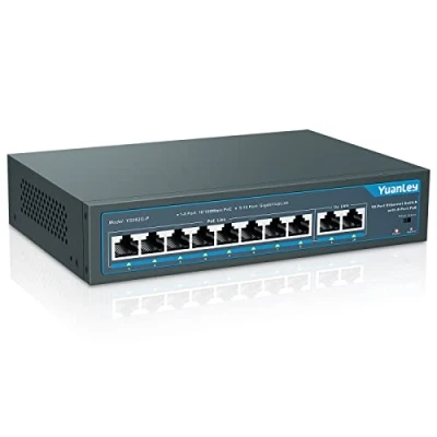 Immagine di YuanLey 10 Port PoE Switch, 8 PoE+ 100Mbps, 2 Uplink Gigabit, 120W 802.3af/at, Funzione Estesa, Plug &amp; Play Non Gestito Senza Ventola in Metallo