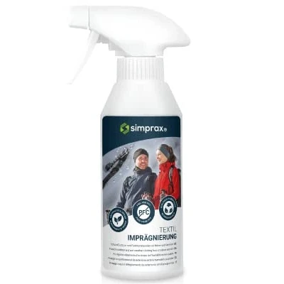 Immagine di SIMPRAX® Spray impermeabilizzante per tessuti di lunga durata Speciale pe outdoor e funzionali Gore TEX, Sympatex, Softshell Oeko certificato GOTS, senza propellenti 250ml