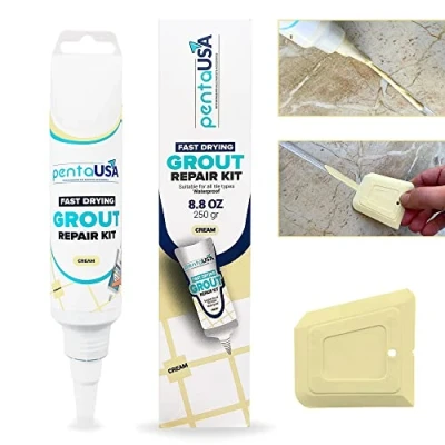 Immagine di PentaUSA Riparazione Fughe Piastrelle Colore Crema Tubetto Riempitivo Ripara e Rinnova, Malta per Piastrelle, Kit ad Asciugatura Rapida con Raschietto, Stucco inodore (Crema 250gr)