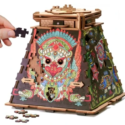 Immagine di iDventure Puzzle a forma di piramide con Jigsaw Escape Room Gioco Confezione Regalo Scrigno del tesoro in legno 3D sequenziale per adulti denaro
