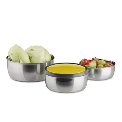 Immagine di Relaxdays Set di 3 Ciotole con Coperchio, Varie Misure, Scodelle Contenitore in Acciaio Inox, Cucina e Campeggio, Giallo