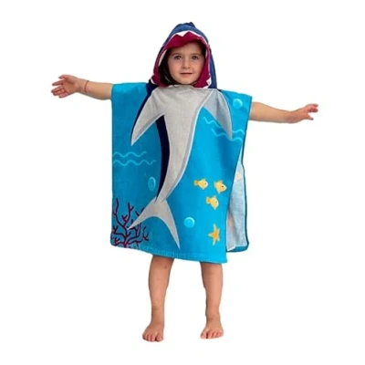 Immagine di Theonoi Poncho da bagno per bambini, con cappuccio/accappatoio, asciugamano doccia, telo bagno, cappuccio, ragazzi e ragazze, 100% cotone (squalo)