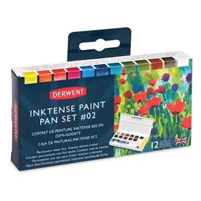 Immagine di Derwent Inktense Palette #2, Set d 12 Tempere Solubili in Acqua, Adatte a Pittura e Bricolage su Carta Tessuto, Include 1 Spugna, Mini Waterbrush Tavolozza (2305789)