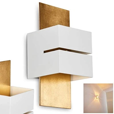 Immagine di lampada da parete Tora in metallo bianco/oro con fessure, moderna effetto luce, 1 attacco G9, cubo/applique interno up &amp; down, senza lampadina/e