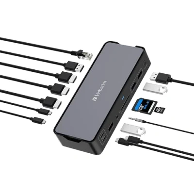Immagine di Verbatim USB C Pro Docking Station, hub 15 in 1, adattatore multiporta A HDMI 4K e 8K, C, PD 80W, AUX, lettore di schede, per Mac/Windows Laptop Co