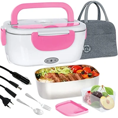 Immagine di Scaldavivande Elettrico Portatile con Borsa Termica 1.5L (55W 220V), Lunch Box Portavivande Termico Elettronico in Acciaio Inox, Porta Pranzo da Ufficio e Auto, Rosa