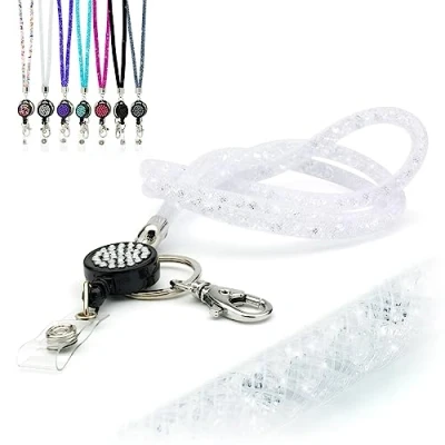 Immagine di CKB LTD Cordino trasparente con strass e gemme di cristallo glitterate, clip girevole in metallo scintillante bobina retrattile porta badge identificativo, 1 pezzo