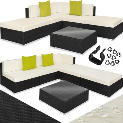 Immagine di TecTake® Set Rattan Paris, Salotto da Giardino Esterno in Polyrattan, Telaio Alluminio, Poltrone, Tavolino con Lastra Vetro, 2 Cuscini Aggiuntivi Nero