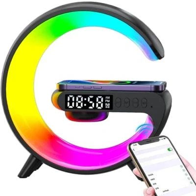 Immagine di HUOCAI altoparlante con luci di ricarica wireless LED a forma G Cambia colore timer sveglia caricatore supporto comodino lampada musicale per scrivania