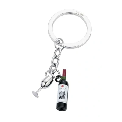 Immagine di TROIKA portachiavi con bottiglia di vino e bicchiere da BORDEAUX in metallo pressofuso per gli amanti del vino, cromato, verde scuro argento originale, scuro/argento, 8,7 x