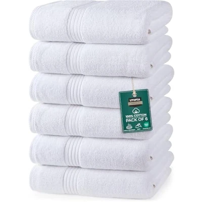 Immagine di Utopia Towels Set Di 6 Asciugamani Lusso, (41 x 71 CM) 100% Cotone Filato Ad Anello, Leggeri e Altamente Assorbenti Per il Bagno, i Viaggi, Campeggio, l&#039;hotel La Spa(Bianco)
