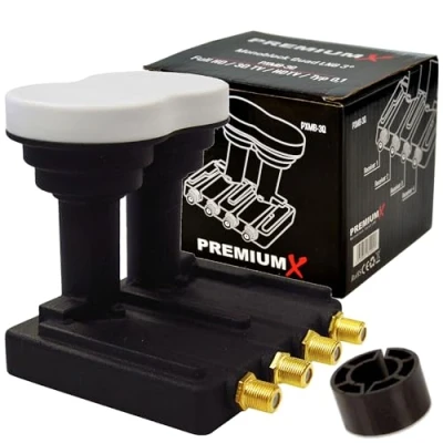 Immagine di PremiumX Monoblock LNB Quad 3 Pxmb3Q 0.1 Db Astra 19.2 Eutelsat 16 HDTV FullHD UltraHD 4K 3D Capable per 4 partecipanti