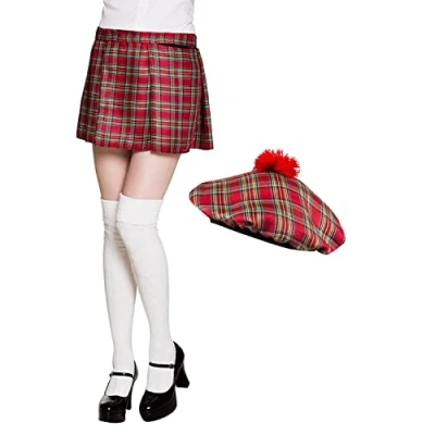 Immagine di Boland Set scozzese da donna, a quadretti, kilt e barrett, mini gonna, cappello, scozzese, signora, San Patrizio Day, costume, carnevale, festa tema, rosso