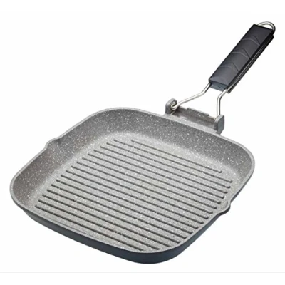 Immagine di MasterClass Piastra Grill Antiaderente Adatta per Induzione con Manico Pieghevole, 24 cm (9.5&#039;&#039;), Alluminio, Nero