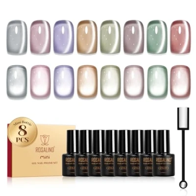 Immagine di ROSALIND Smalto Semipermanente Unghie Magnetico, 8 Colori Jelly Rosa Viola Marrone Verde Cristallo Cat Eye Smalti Semipermanenti per Unghie, Mini UV/LED Cateye Gel