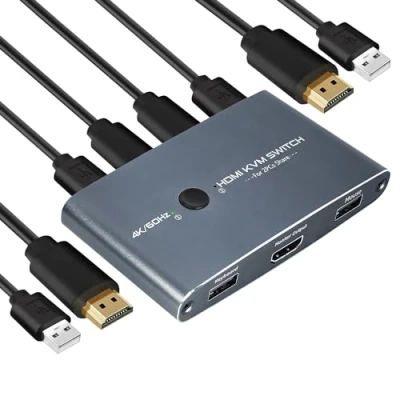 Immagine di HDMI KVM Switch 2 porte 4K 60Hz, Commutator in alluminio, USB per PC condividere 1 Monitor HD e Tastiera, Mouse, Stampante, U Disk