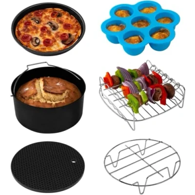Immagine di COSORI Accessori Friggitrice ad Aria 5,5L, 6 Pezzi Airfryer Senza BPA, Supporto in Metallo, Il Vassoio per Uova, Porta Spiedini, Scatola Torte,Tappetino Silicone, Teglia Pizza