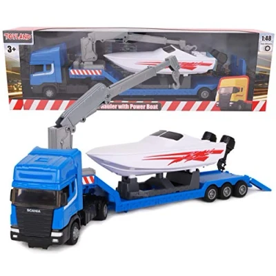Immagine di Toyland® Camion trasportatore a cassone piatto Scania con barca motore Scala 1:48 Ruota libera (Camion blu)