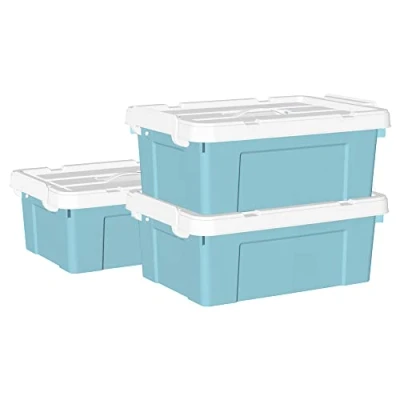 Immagine di Cetomo Scatola portaoggetti in plastica da 15 l* 3, contenitore per organizzare con coperchio durevole e fibbie di chiusura sicure, impilabile annidabile, confezione blu fibbia