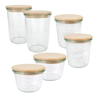 Immagine di Weck 79213 Set di 6 barattoli per conserve, 2 x 250 ml, 500 750 ml con coperchio in legno, inscatolare/conservare gli alimenti