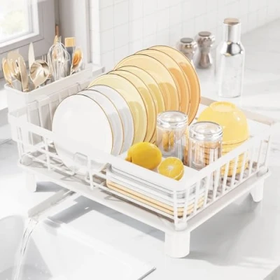 Immagine di LIONONLY scolapiatti salvaspazio per bancone della cucina, con beccuccio di scarico girevole a 360, multifunzione scolapiatti, porta utensili, organizer da bianco