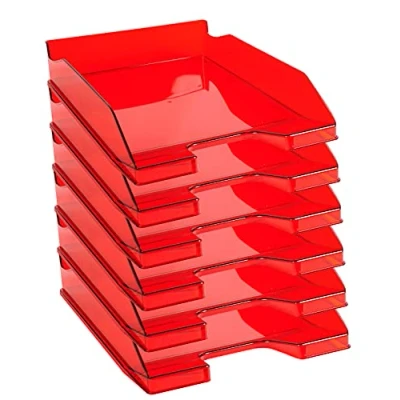 Immagine di Exacompta Cod.1132245D Confezione da 6 Vaschette portacorrispondenza Combo Midi per formato A4+ Impilabili Capacità 500 fogli 80 gr Dim. : 34,7 x 25,5 6,5 cm Rosso trasparente glossy