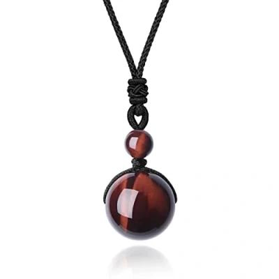 Immagine di COAI Pendente Sfera in Occhio di Tigre Rosso, Collana Unisex Bilanciamento Reiki Pietre Mala con Laccio Regolabile