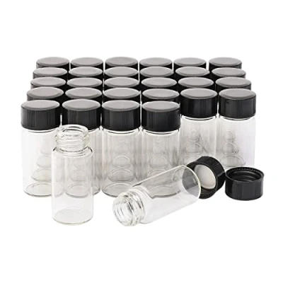 Immagine di 30 flaconi vuoti da 5 ml in vetro trasparente con tappo a vite plastica nera