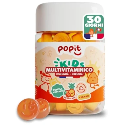 Immagine di POP IT 60 Gommose Multivitaminico Bambini da 3 Anni in su con 13 Vitamine, Senza Zucchero, Vegano, Tropicale Difese Immunitarie Vitamina D bambini, A, B, C, E Caramelle Vitamine