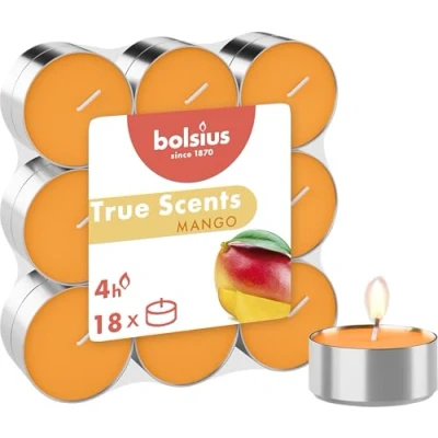 Immagine di Bolsius True Scents Tealights Profumati in Aluminium Cup Fragranza Mango Set di 18 Pezzi Colore Arancio Lunga Durata 4 Ore Candele Decorative Cera Senza Fumo