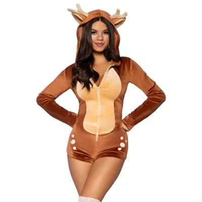 Immagine di Leg Avenue Comfy Fawn, features ultra soft velvet plush zip up romper with spotted detail, antler and ear hood, cheeky paneled booty fawn tail.