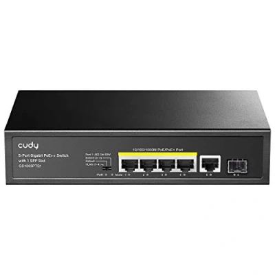 Immagine di Cudy GS1005PTS1 Switch Gigabit PoE+ a 5 porte, PoE/PoE +, budget PoE 120 Watt, massimo 60 watt una porta, 4 porte PoE, 1 porta RJ45 uplink, SFP, 802.3 at/af, VLAN, estensione 250 metri