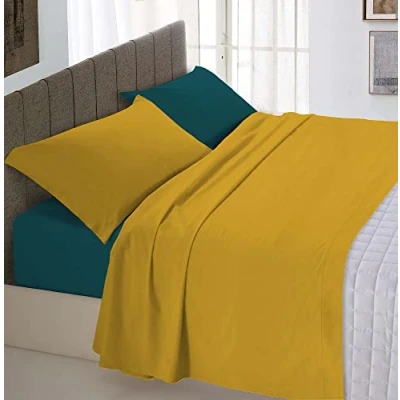 Immagine di Italian Bed Linen Completo Letto 100% Cotone Natural Color, Ocra/Verde Petrolio, Una Piazza e Mezza