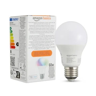 Immagine di Amazon Basics Lampadina LED intelligente A60, multicolore, con attacco E27, WiFi da 2,4 GHz, 8 W (equivalente a 60 W), compatibile solo Alexa, 1 confezione