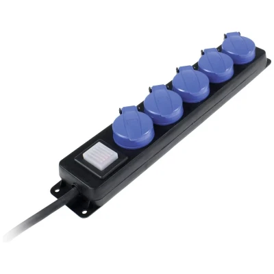 Immagine di as Schwabe Ciabatta di distribuzione a 5 prese con interruttore, contatto protezione coperchio ribaltabile, cavo da 1,5 m, presa multipla per esterni 230 V, 16 A, IP44, nero, blu,