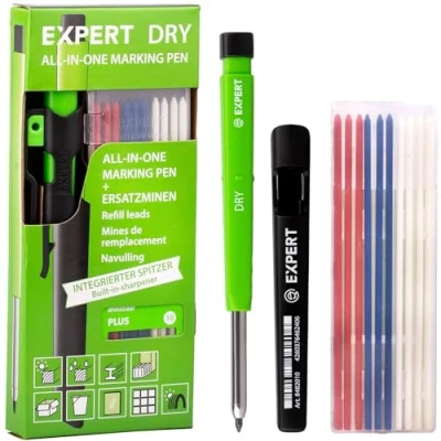 Immagine di EXPERT Pennarello DRY All in One con 11 mine profondo ricaricabile set di Plus Versatile su legno, vetro, metallo Matita da carpentiere temperamatite integrato Miniera