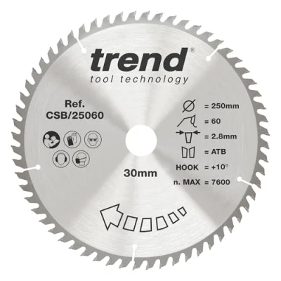 Immagine di Trend Lama per sega di finitura CraftPro TCT con rifinitura fine circolare da banco, diametro 250 mm x 80 denti 30 foro, punta in carburo tungsteno, CSB/25080