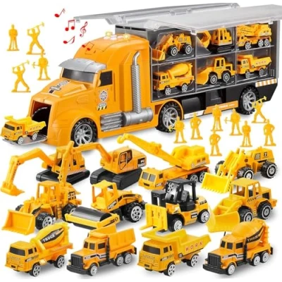 Immagine di JOYIN set di veicoli giocattolo per camion da costruzione pressofuso 14 in 1, gioco con suoni e luci nel portante, veicolo Push and Go, regali compleanno