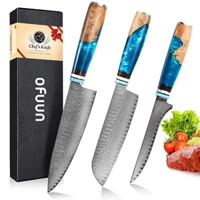 Immagine di oFuun 3 Pezzi Set Coltelli da Cucina Professionali Coltello Giapponese acciaio damasco 67 Strati, Professionale Chef Carne Per E Appassionati