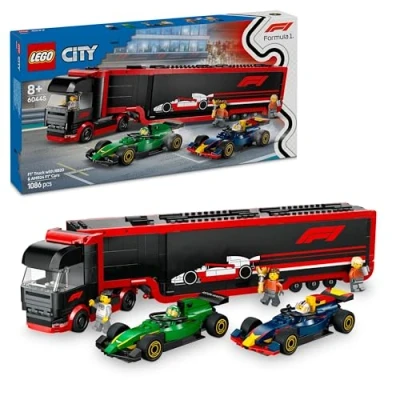 Immagine di LEGO City Autotrasportatore F1 con Monoposto RB20 e AMR24 Camion Giocattolo da Costruire 2 Modelli di Auto Corsa dei team Red Bull Aston Martin Include piloti Simulatore 60445
