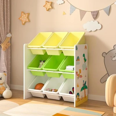 Immagine di [en.casa] Scaffale per Cameretta con 9 Contenitori a Scaletta Porta Giocatoli (AxLxP) 60 x 62 26,5 cm Mobile Misura di Bimbi Disegno Laterale Dinosauro Verde/Giallo