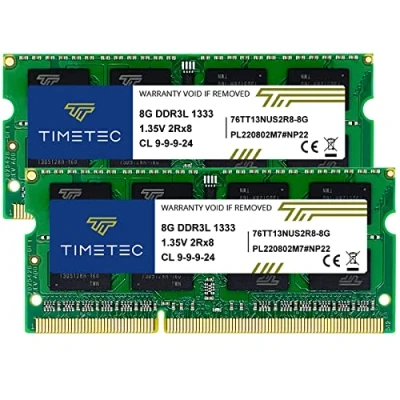 Immagine di Timetec 16GB KIT (2x8GB) DDR3L 1333 MHz PC3 10600 Non ECC Unbuffered 1.35 V CL9 2Rx8 Dual Rank 204 Pin SODIMM Laptop PC Memoria del computer Modulo RAM Aggiornamento