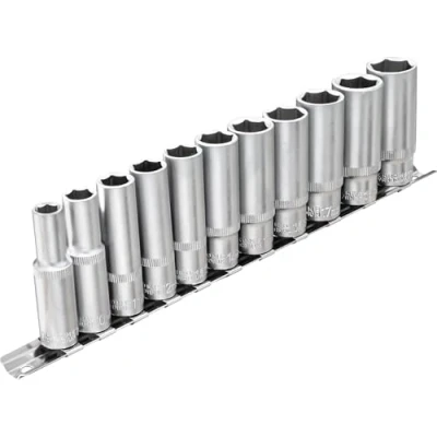 Immagine di DAKCOS set di 11 bussole lunghe esagonali, attacco da 3/8&quot;, chiavi a bussola metriche 8 19 mm, con guida in metallo, per riparazioni auto domestiche e fai te, CR V, lunghezza 63 mm