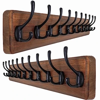 Immagine di SKOLOO Appendiabiti da parete rustico, confezione 2, in legno massello di pino, 10 ganci per appendere vestiti, accappatoi, asciugamani, cappotti