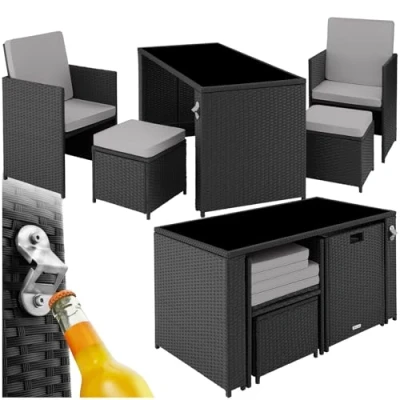 Immagine di TecTake® Salottino in Rattan Palermo, Set Sedie con Cuscini, Tavolino Salotto Lastra Vetro, Design Funzionale, Imbottitura Idrorepellente, Resistente ai Raggi UV Nero/Grigio