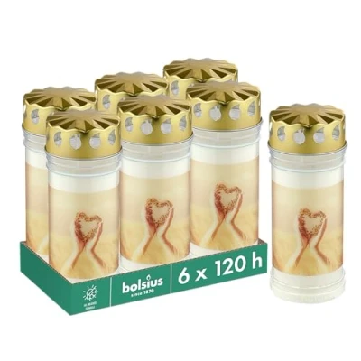 Immagine di Bolsius Lumini funerali Bianco Set 6 pezzi Lunghezza durata 120 ore Candela funebre &amp; Memoriale Bruciatore Permanente Con Motivo Corona Senza Olio di Palma Nr. 5