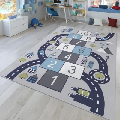 Immagine di TT Home Tappeto Stanza Bambini Auto Strada Antiscivolo Moderno, Colore: Grigio, Dimensione:140x200 cm